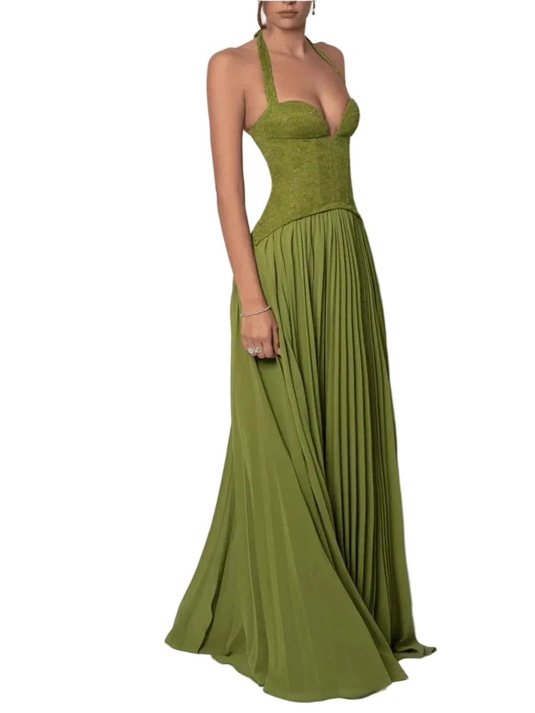 Iris Verde — vestido largo verde con corsé, espalda descubierta y silueta elegante plisada