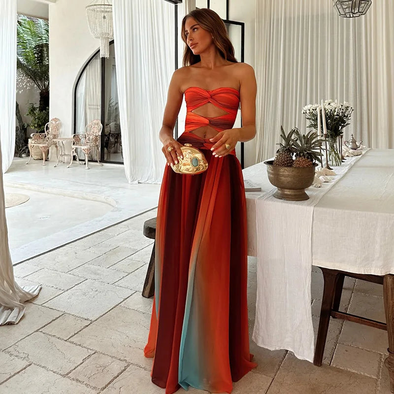 Atardecer Coral — vestido maxi degradado tie-dye con hombros descubiertos y diseño elegante de verano