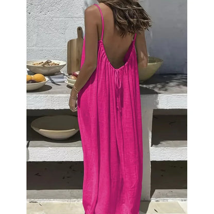 Nube Suave — vestido maxi sin tirantes y espalda descubierta, cómodo y ligero para descanso y uso diario