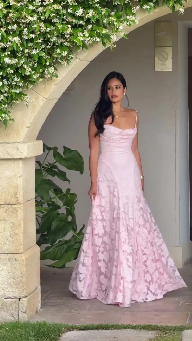Elena Nocturna — vestido largo de gasa jacquard con espalda descubierta