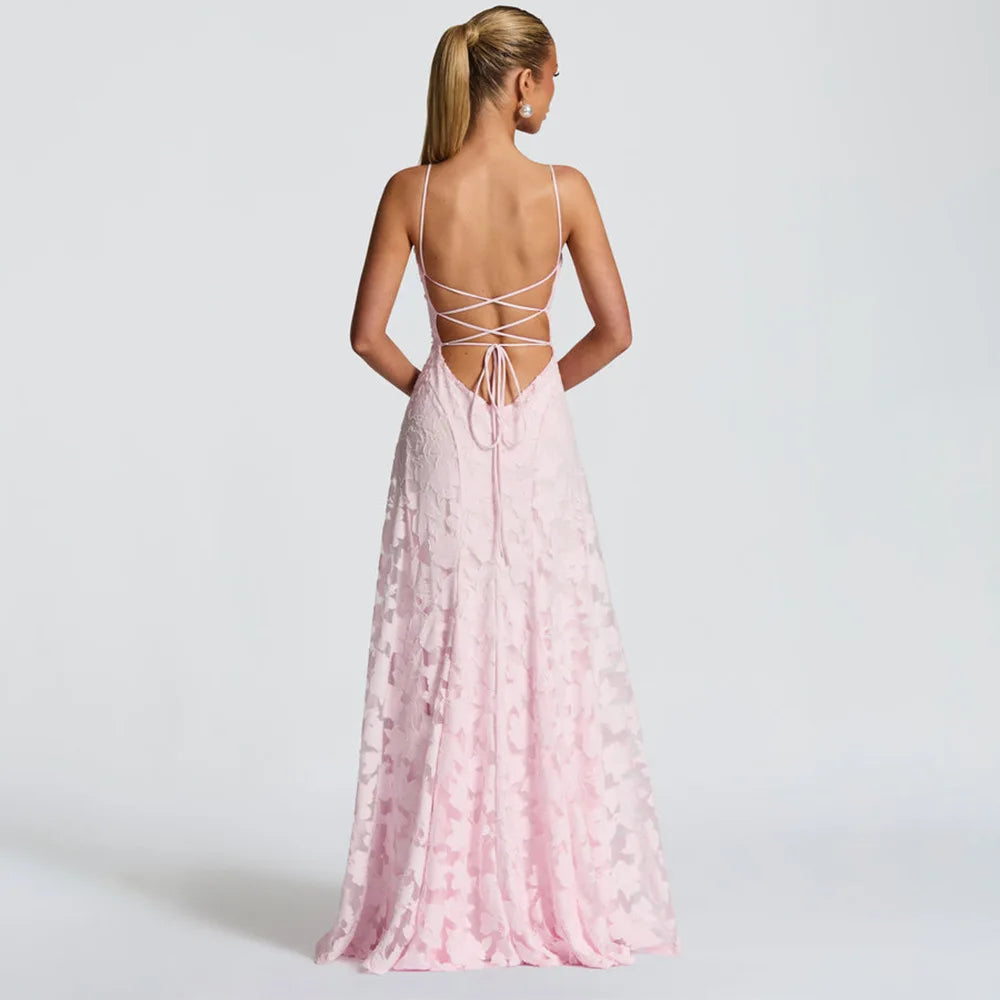 Elena Nocturna — vestido largo de gasa jacquard con espalda descubierta