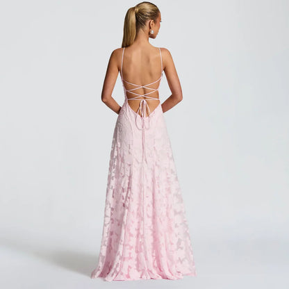 Elena Nocturna — vestido largo de gasa jacquard con espalda descubierta