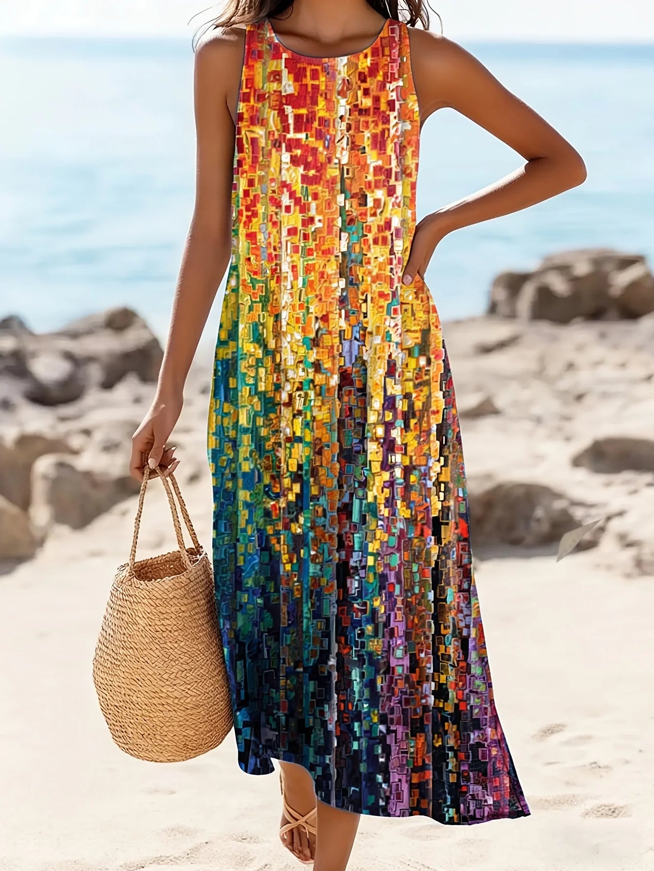 Cora Solana — vestido largo bohemio con estampado étnico y caída fluida