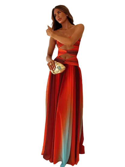 Atardecer Coral — vestido maxi degradado tie-dye con hombros descubiertos y diseño elegante de verano