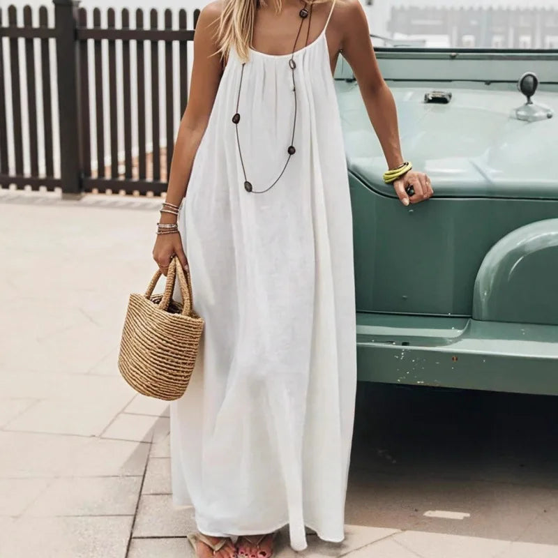 Nube Suave — vestido maxi sin tirantes y espalda descubierta, cómodo y ligero para descanso y uso diario