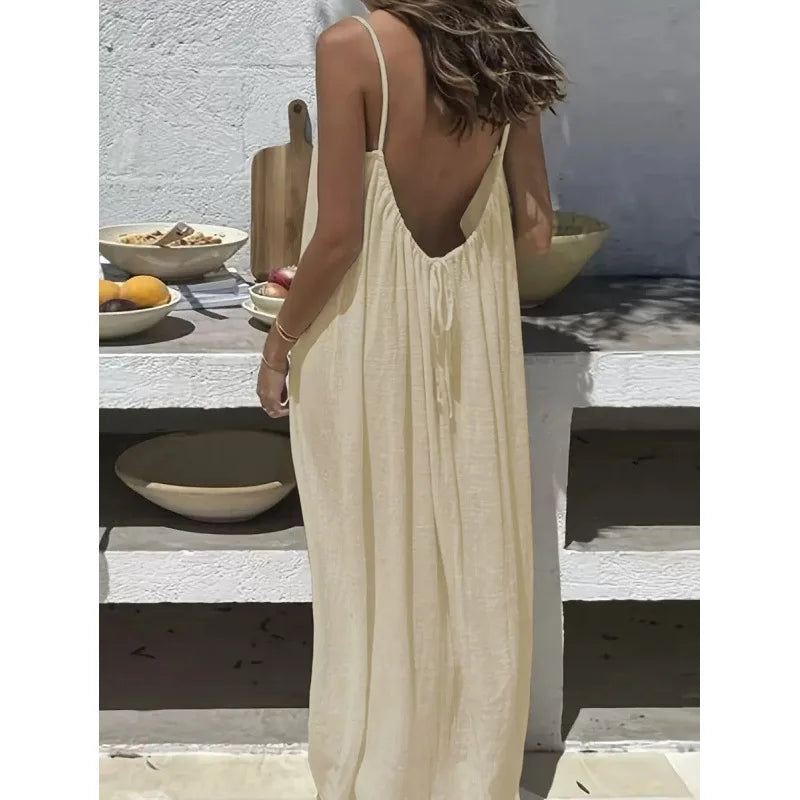 Nube Suave — vestido maxi sin tirantes y espalda descubierta, cómodo y ligero para descanso y uso diario