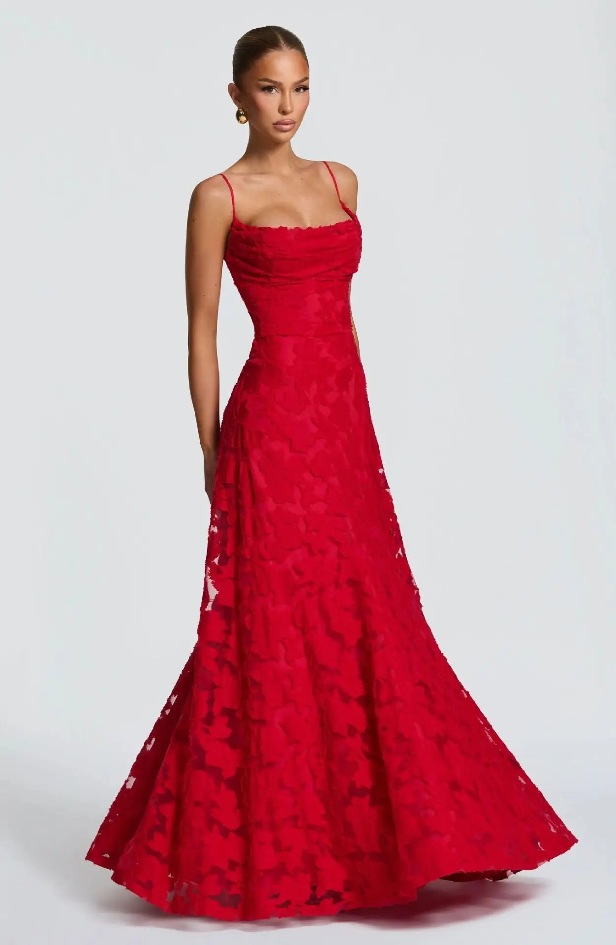 Elena Nocturna — vestido largo de gasa jacquard con espalda descubierta
