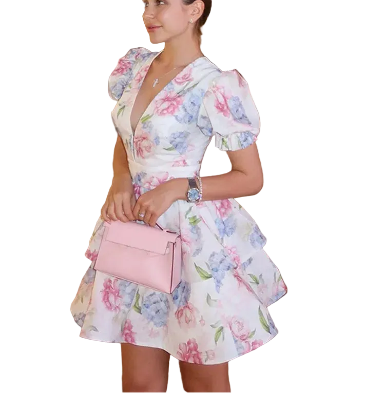 Lina Mar — vestido mini floral con mangas abullonadas, escote en V y silueta en A