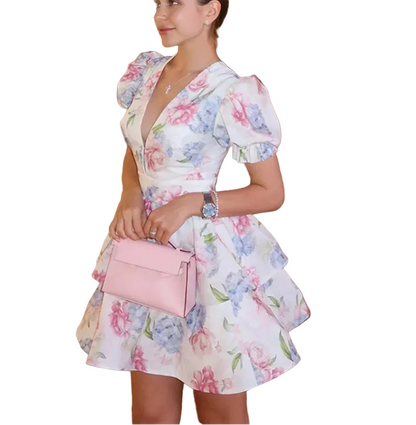 Lina Mar — vestido mini floral con mangas abullonadas, escote en V y silueta en A