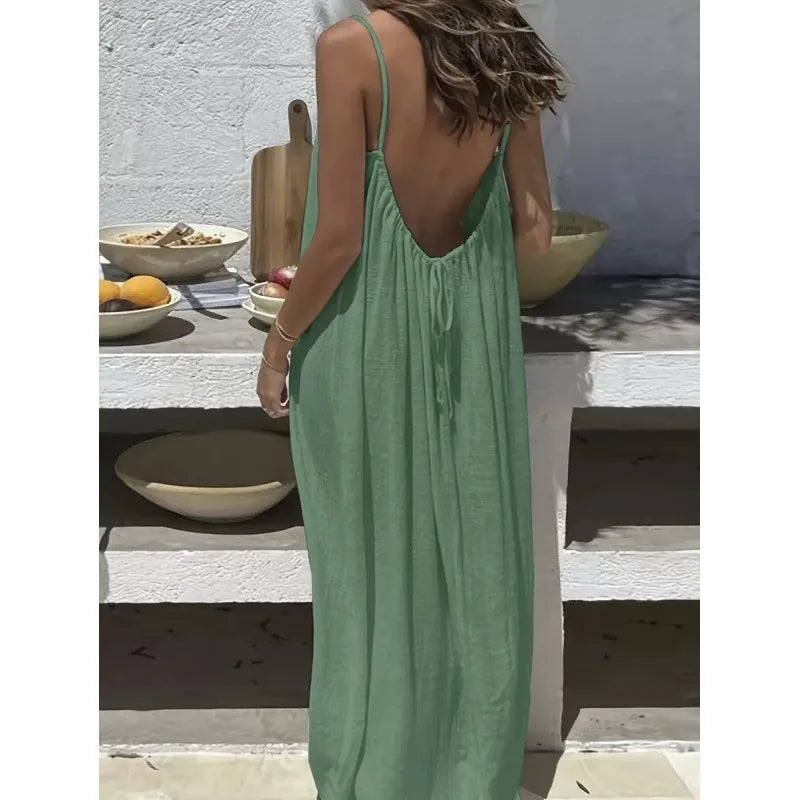 Nube Suave — vestido maxi sin tirantes y espalda descubierta, cómodo y ligero para descanso y uso diario