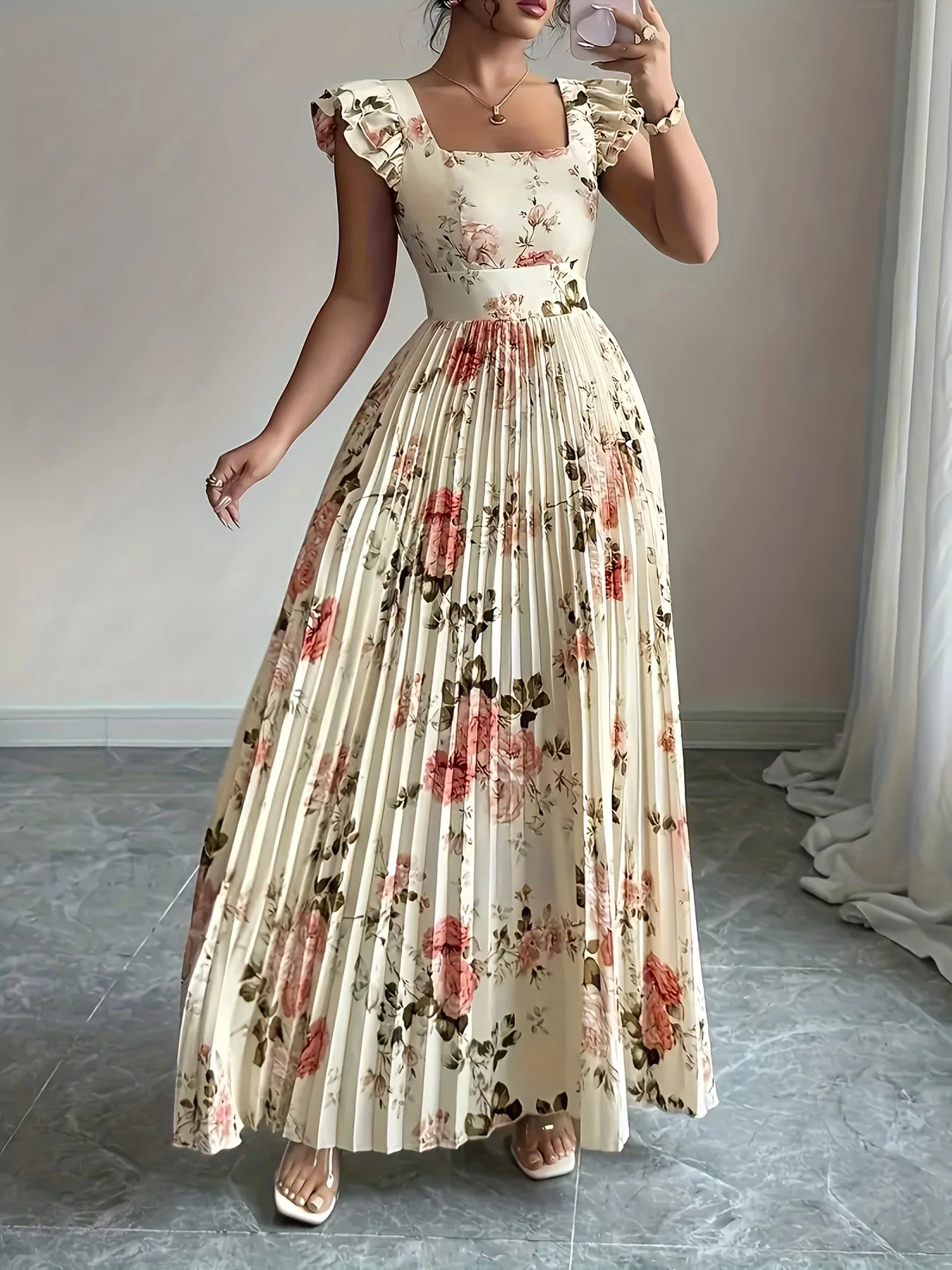 Alba Flor — vestido midi beige con estampado floral, escote cuadrado y falda plisada con volantes