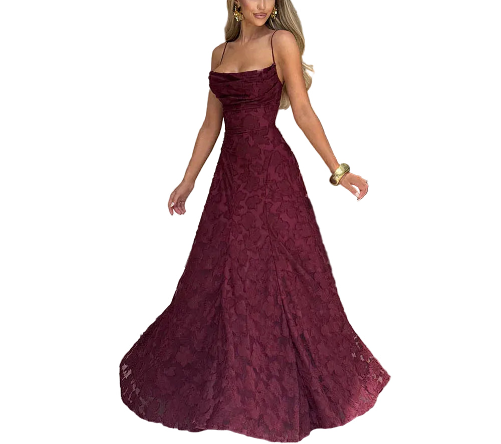 Elena Nocturna — vestido largo de gasa jacquard con espalda descubierta