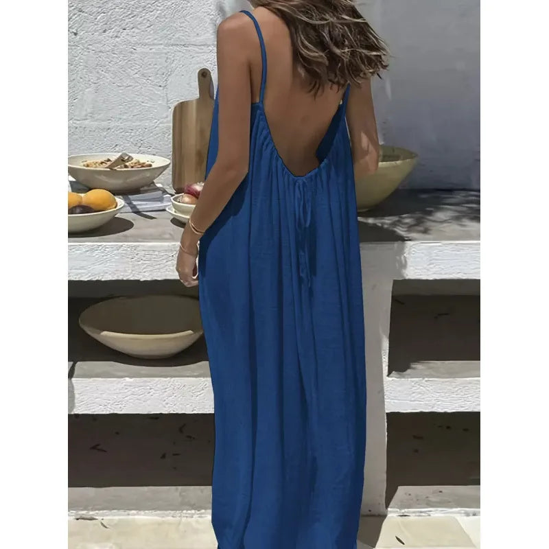 Nube Suave — vestido maxi sin tirantes y espalda descubierta, cómodo y ligero para descanso y uso diario