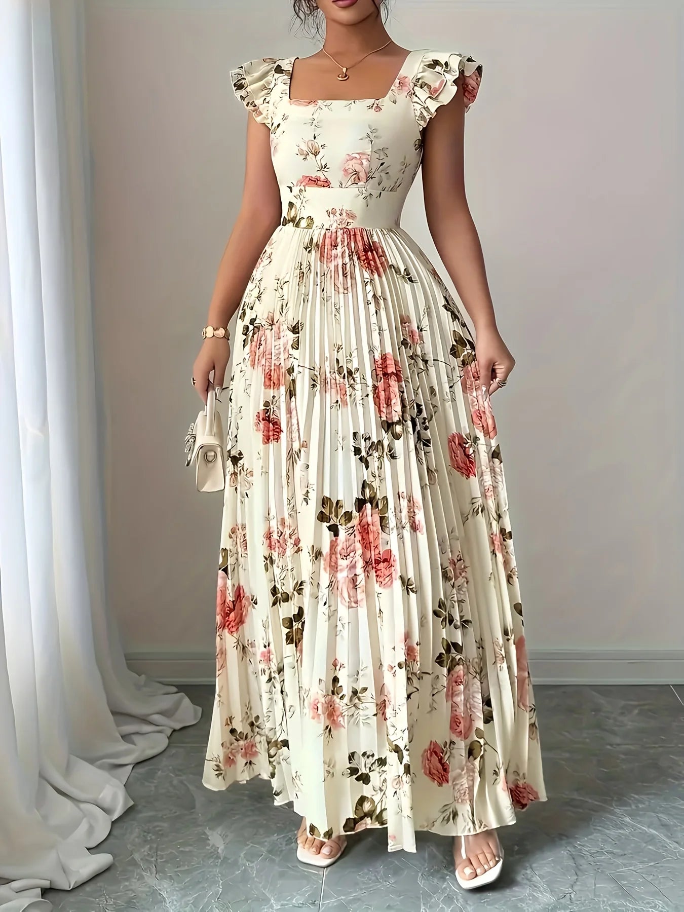 Alba Flor — vestido midi beige con estampado floral, escote cuadrado y falda plisada con volantes