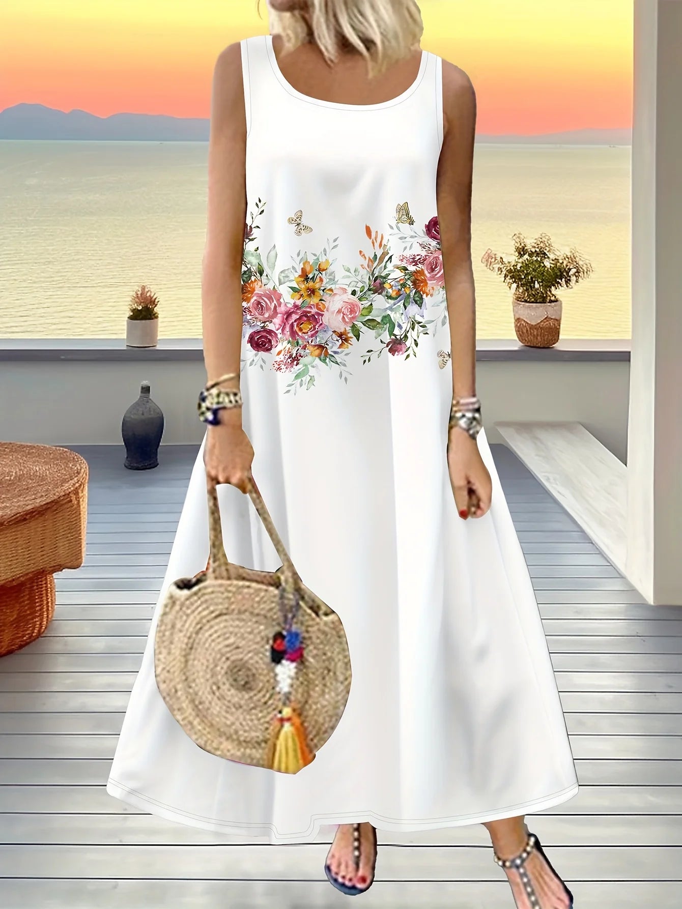 Cora Solana — vestido largo bohemio con estampado étnico y caída fluida