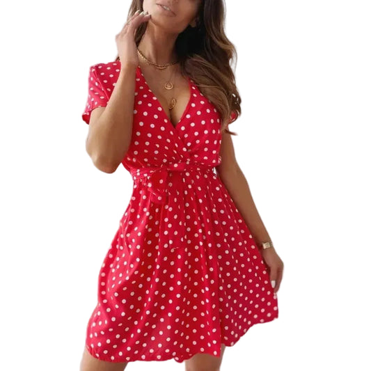 Luna Puntos — vestido casual de verano con estampado de lunares, escote en V y cinturón