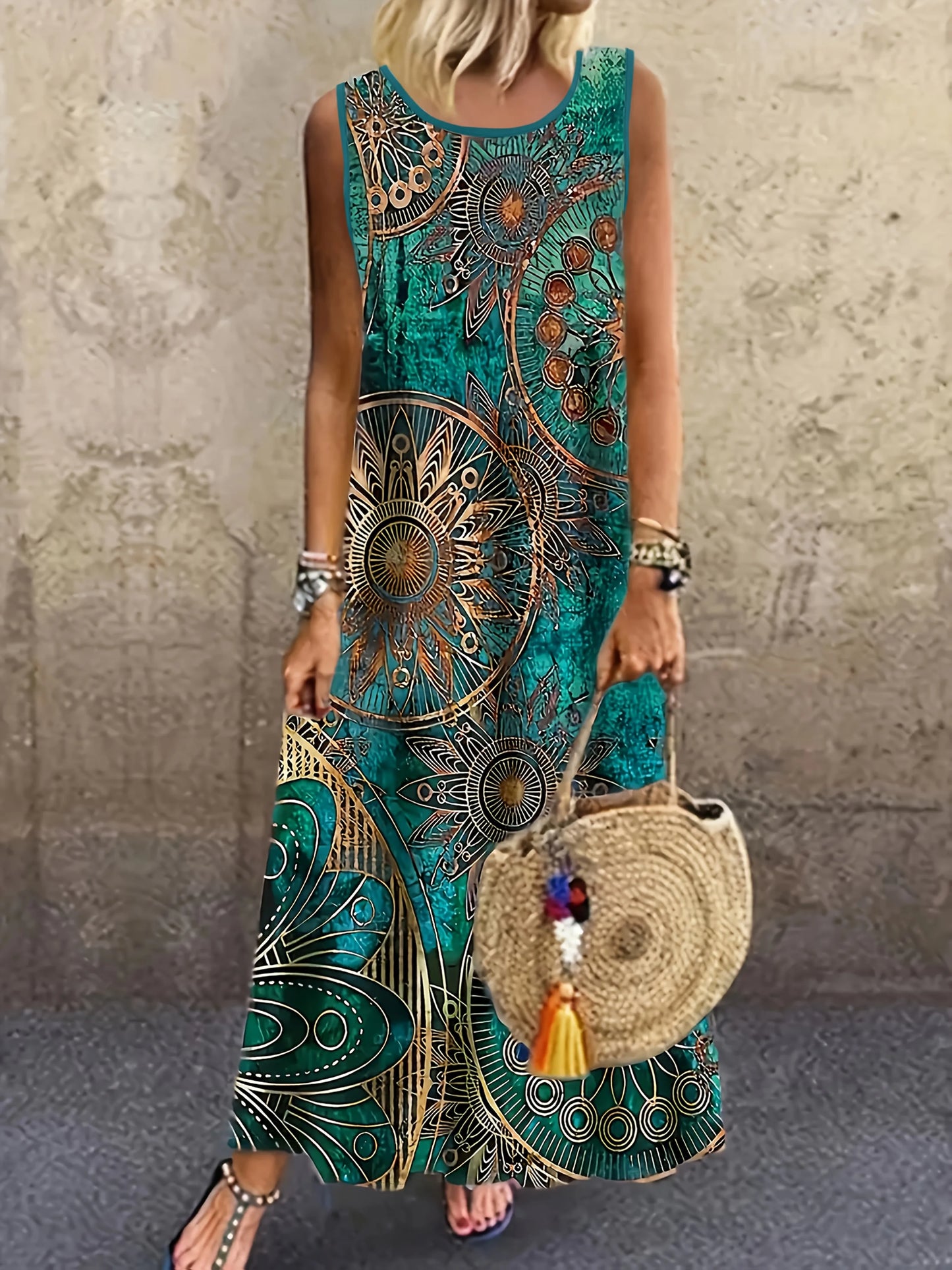 Cora Solana — vestido largo bohemio con estampado étnico y caída fluida