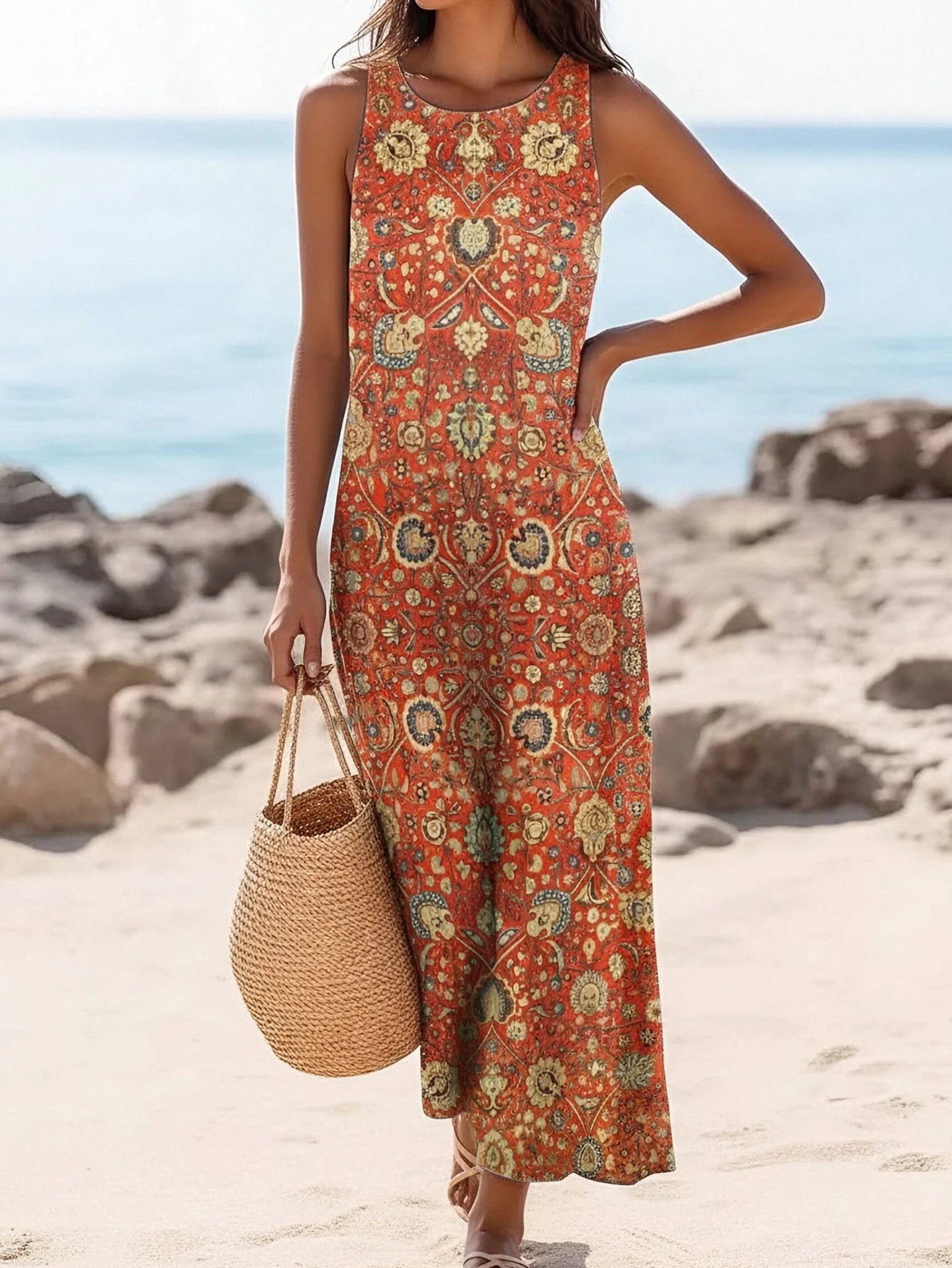 Cora Solana — vestido largo bohemio con estampado étnico y caída fluida
