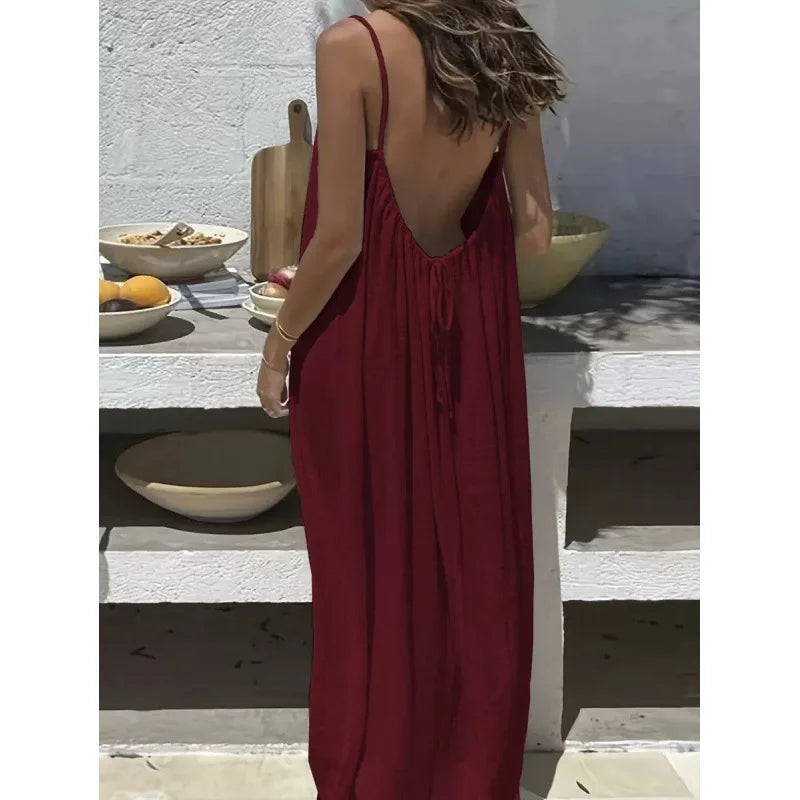 Nube Suave — vestido maxi sin tirantes y espalda descubierta, cómodo y ligero para descanso y uso diario