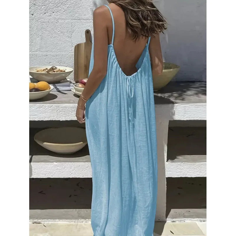 Nube Suave — vestido maxi sin tirantes y espalda descubierta, cómodo y ligero para descanso y uso diario