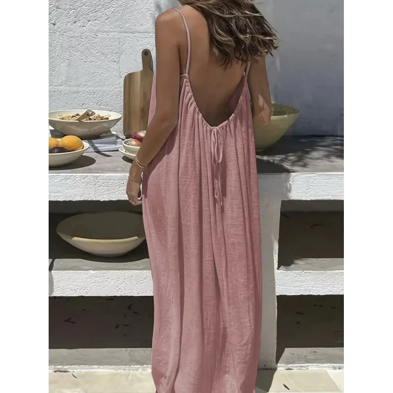 Nube Suave — vestido maxi sin tirantes y espalda descubierta, cómodo y ligero para descanso y uso diario