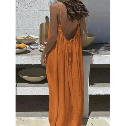 Nube Suave — vestido maxi sin tirantes y espalda descubierta, cómodo y ligero para descanso y uso diario