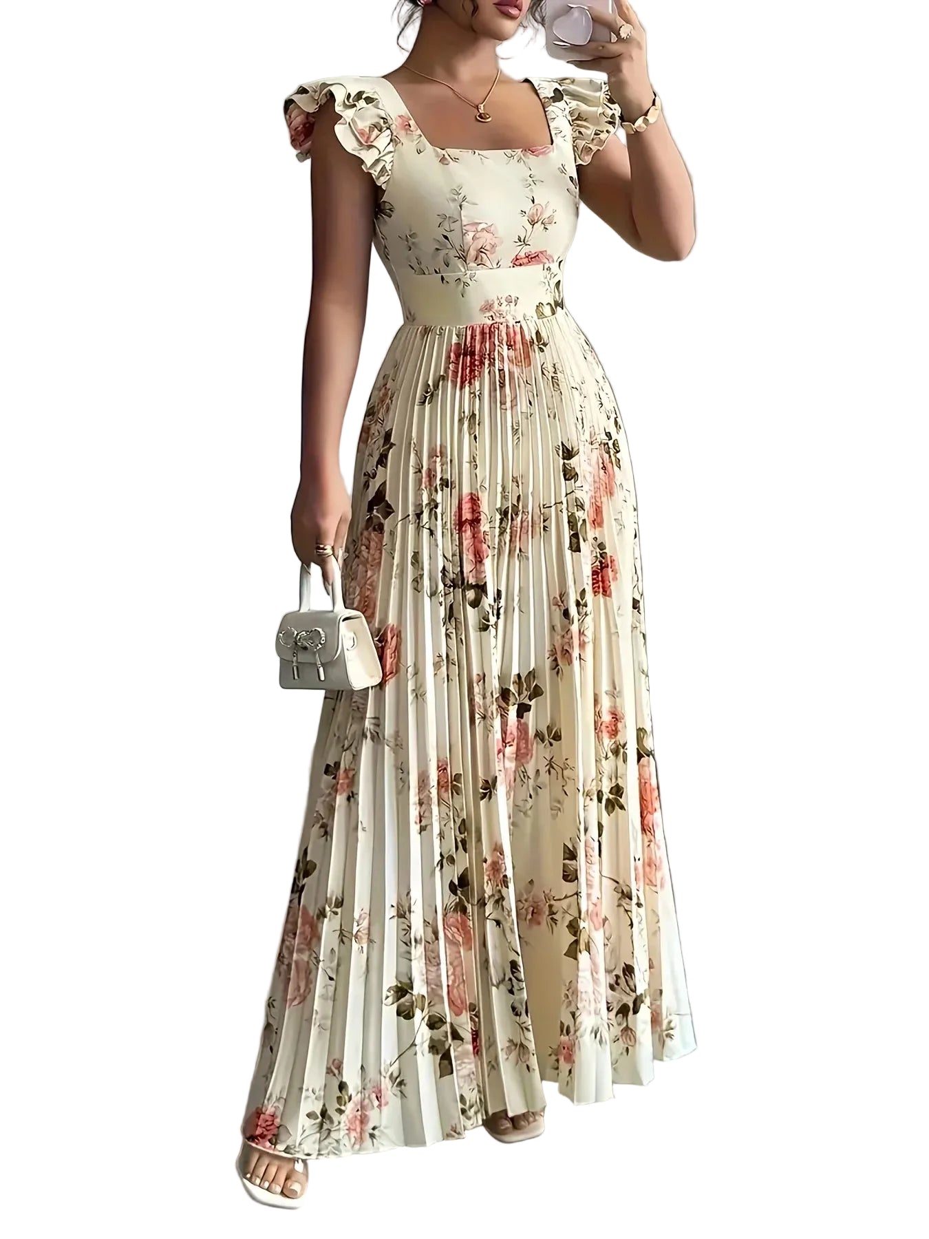 Alba Flor — vestido midi beige con estampado floral, escote cuadrado y falda plisada con volantes