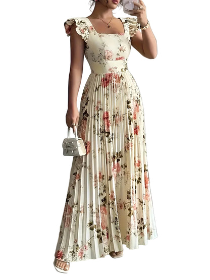 Alba Flor — vestido midi beige con estampado floral, escote cuadrado y falda plisada con volantes
