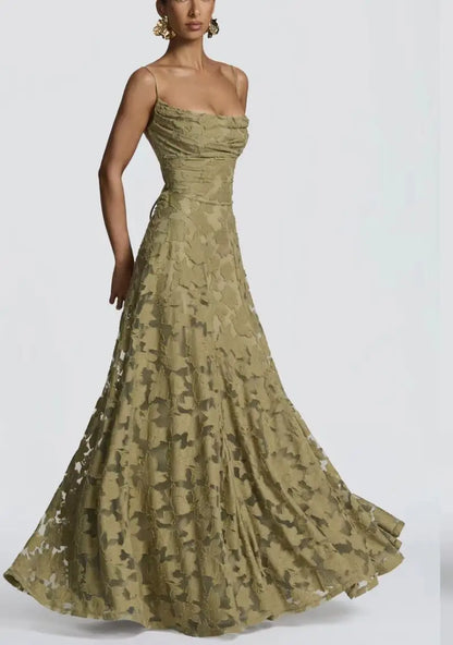 Elena Nocturna — vestido largo de gasa jacquard con espalda descubierta