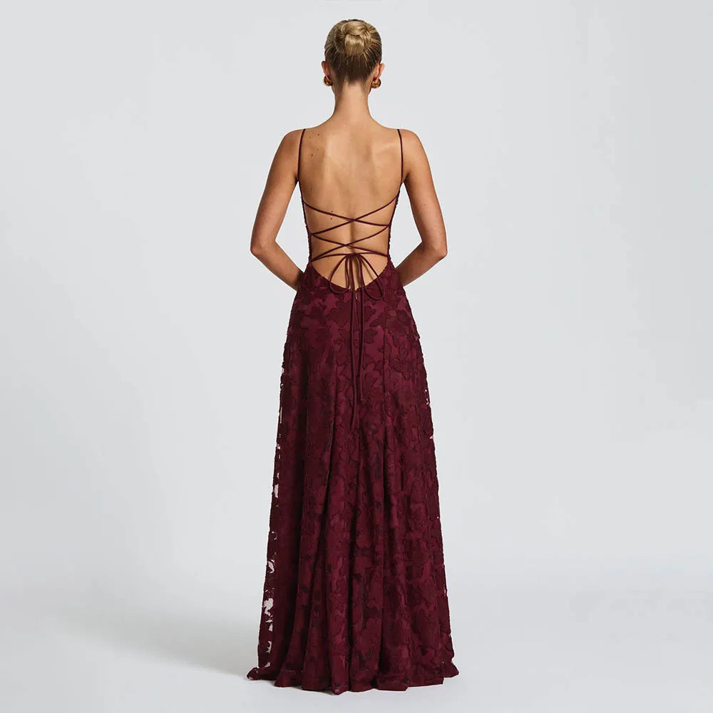 Elena Nocturna — vestido largo de gasa jacquard con espalda descubierta