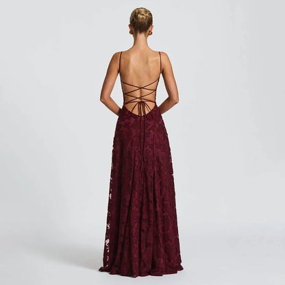 Elena Nocturna — vestido largo de gasa jacquard con espalda descubierta