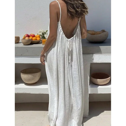 Nube Suave — vestido maxi sin tirantes y espalda descubierta, cómodo y ligero para descanso y uso diario