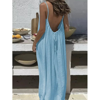 Nube Suave — vestido maxi sin tirantes y espalda descubierta, cómodo y ligero para descanso y uso diario