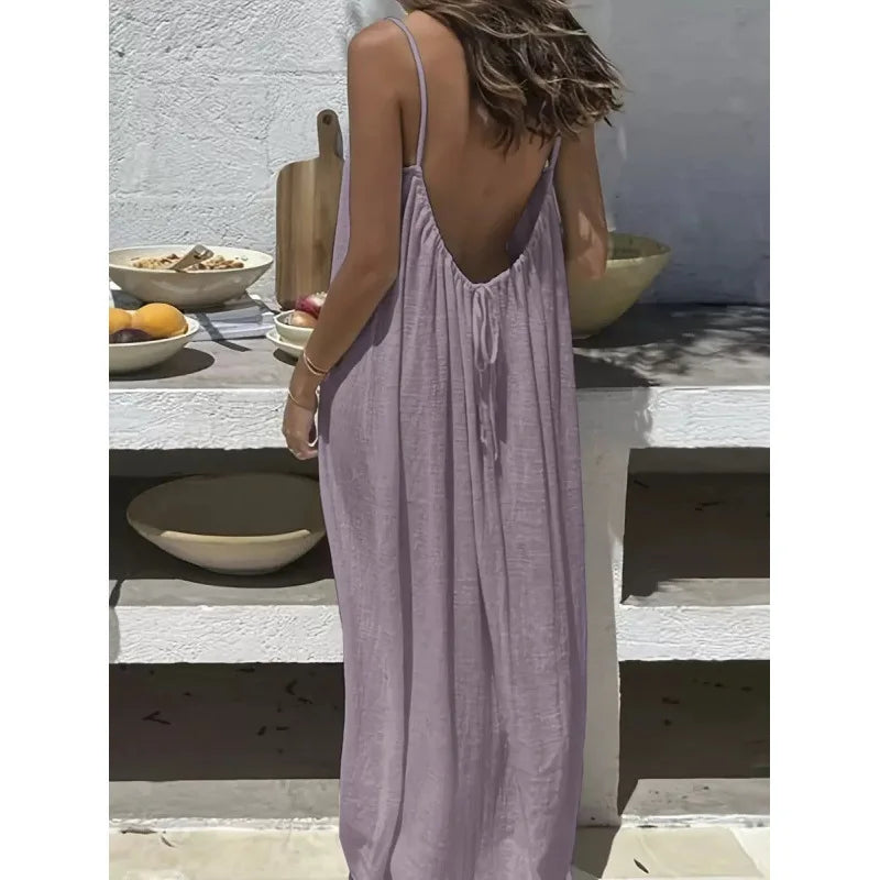 Nube Suave — vestido maxi sin tirantes y espalda descubierta, cómodo y ligero para descanso y uso diario
