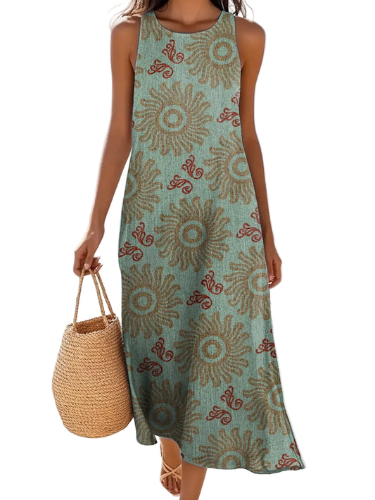 Cora Solana — vestido largo bohemio con estampado étnico y caída fluida