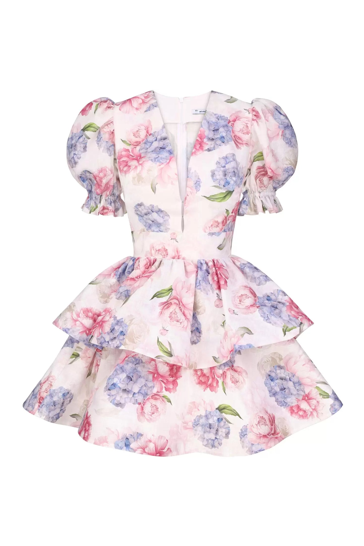 Lina Mar — vestido mini floral con mangas abullonadas, escote en V y silueta en A