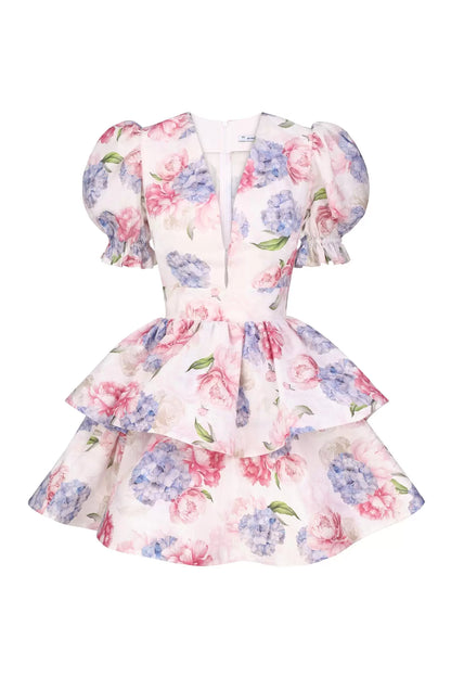 Lina Mar — vestido mini floral con mangas abullonadas, escote en V y silueta en A